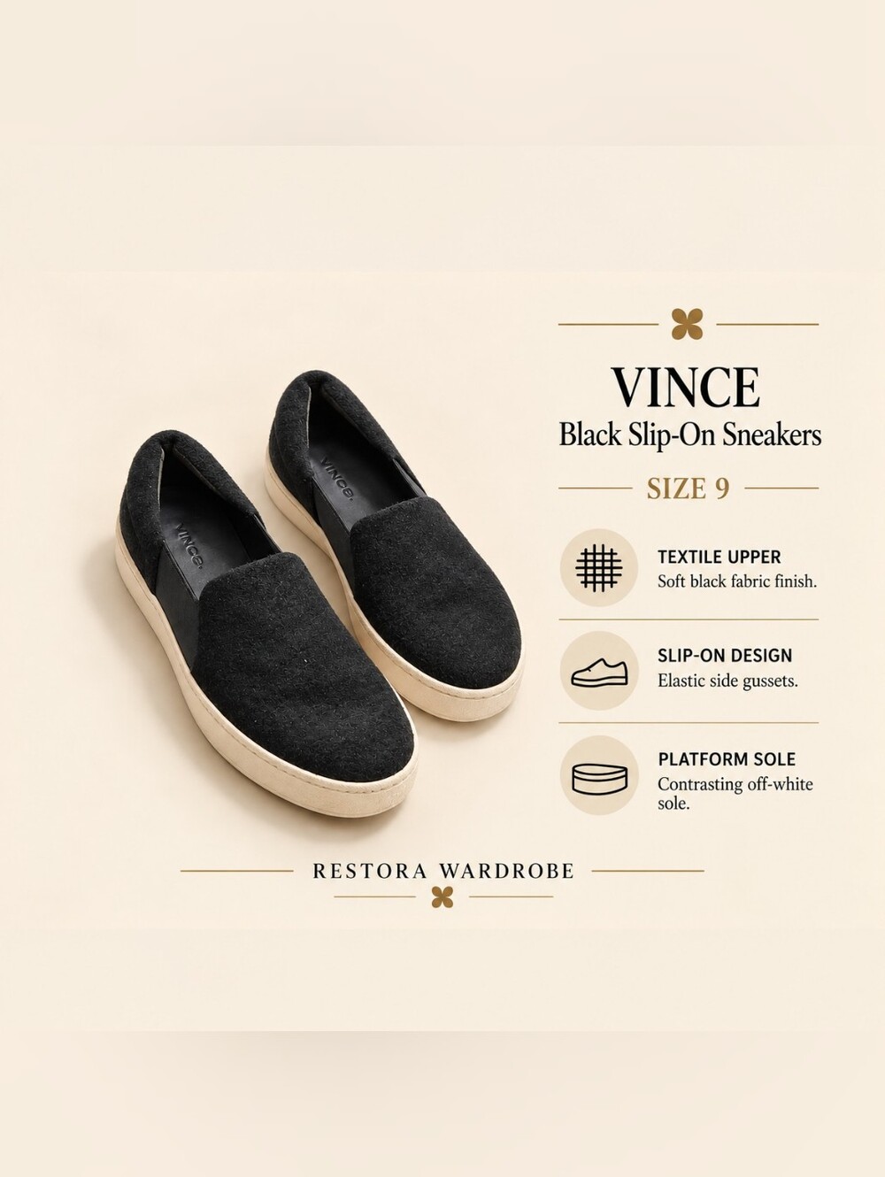 Vince Slip-On Sneakers Black Textured Platform Sole Size 9 Casual